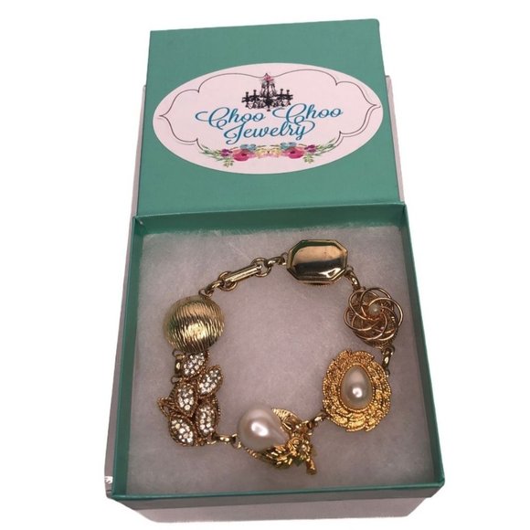 Vintage Earring Bracelet Five Links Gold Tone Pearl Rhinestone - Picture 1 of 5